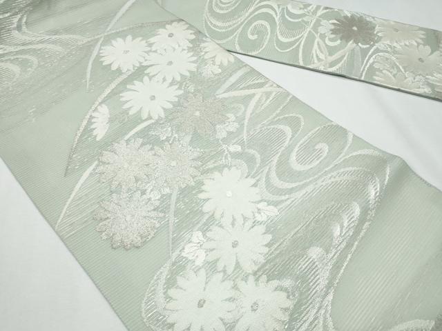 平和屋着物＊夏物　九寸名古屋帯　流水菊文　銀糸　正絹　逸品　CABG9902fb
