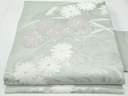 平和屋着物＊夏物　九寸名古屋帯　流水菊文　銀糸　正絹　逸品　CABG9902fb