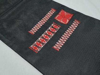 平和屋着物＊夏物 九寸開き名古屋帯 ドロンワーク 幾何学文様 黒地 正絹 逸品 CABG9948fb