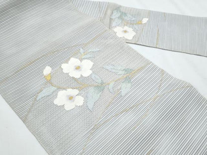 平和屋着物＊夏物　九寸名古屋帯　絽綴れ　枝花文　金糸　正絹　逸品　CABG9943fb