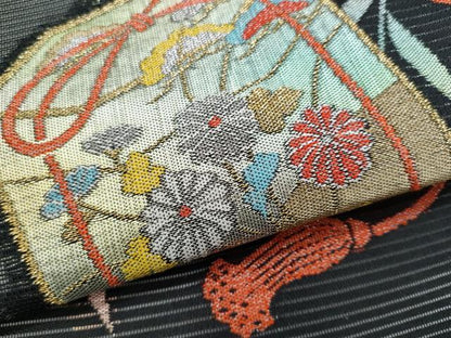 平和屋着物＊夏物　九寸名古屋帯　貝桶枝花文　正絹　逸品　CABG9907fb