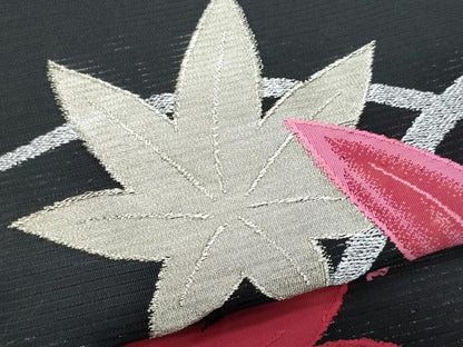 平和屋着物＊夏物 八寸名古屋帯 絽綴れ 芝草楓文 黒地 金銀糸 正絹 逸品 CABG9955fb