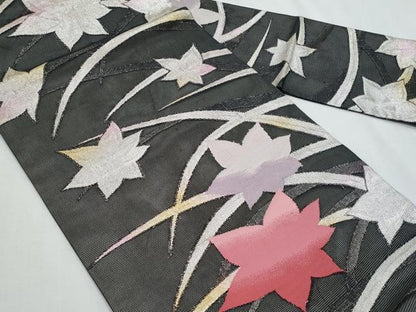 平和屋着物＊夏物　九寸名古屋帯　芝草楓文　黒地　金銀糸　正絹　逸品　CABG9908fb