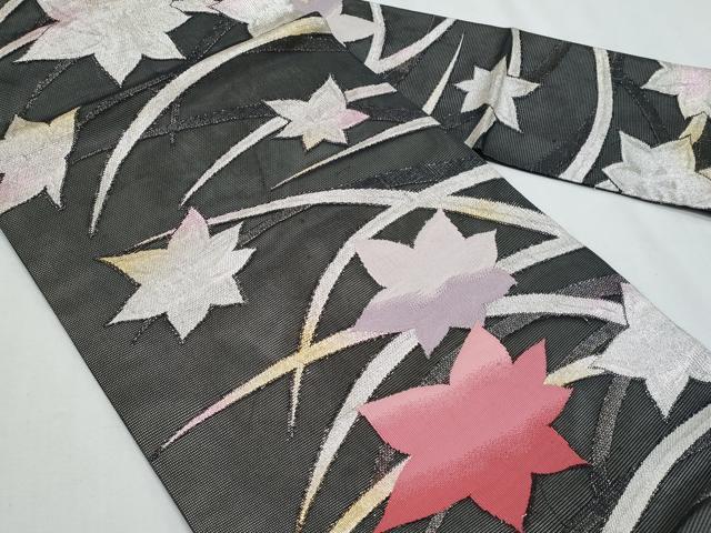 平和屋着物＊夏物　九寸名古屋帯　芝草楓文　黒地　金銀糸　正絹　逸品　CABG9908fb