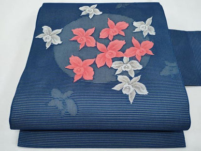 平和屋着物＊夏物　九寸名古屋帯　舞花文　銀糸　正絹　逸品　CABH8012fb