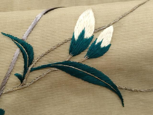 平和屋着物＊夏物 アンティーク 大正ロマン 九寸名古屋帯 総手刺繍 休み鳥 金糸 正絹 逸品 CABG9967fb