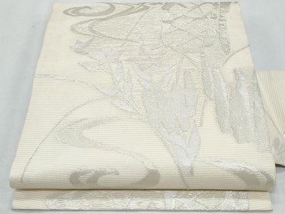 平和屋着物＊夏物　九寸名古屋帯　流水桔梗文　銀糸　正絹　逸品　CABG9995fb