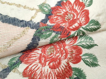 平和屋着物＊夏物　太鼓柄袋帯　刺繍　瓦草花文　金糸　正絹　逸品　CABG9977fb