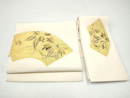 平和屋着物●塩瀬　つけ帯　手描き　地紙枝葉文　金彩　正絹　逸品　CABH5084hy