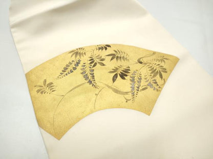 平和屋着物●塩瀬　つけ帯　手描き　地紙枝葉文　金彩　正絹　逸品　CABH5084hy