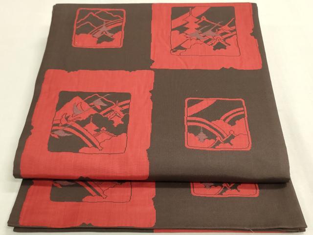 平和屋着物◎六通柄袋帯　ささ野　変わり市松風景文　正絹　逸品　DABF838we