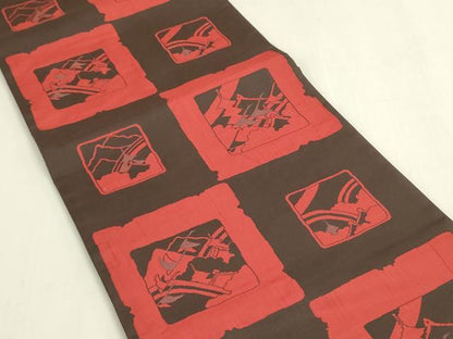 平和屋着物◎六通柄袋帯　ささ野　変わり市松風景文　正絹　逸品　DABF838we