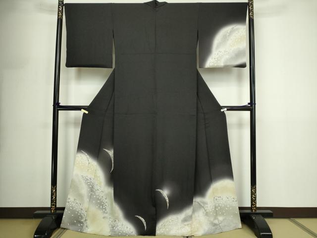 平和屋着物▽訪問着　単衣　雪芝草花文　暈し染め　黒地　正絹　逸品　DABF8883sf