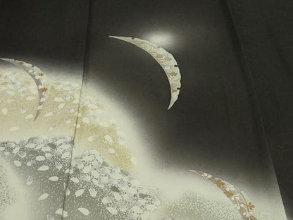 平和屋着物▽訪問着　単衣　雪芝草花文　暈し染め　黒地　正絹　逸品　DABF8883sf