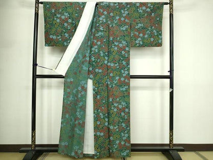 平和屋着物▽上質な小紋　単衣　草花文　正絹　逸品　DABF8892sf