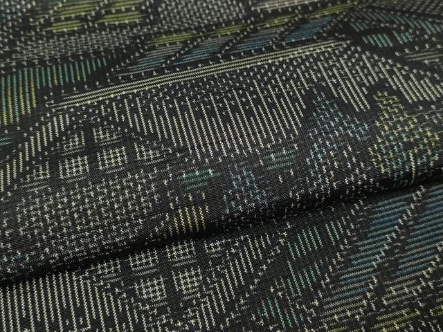 平和屋着物▽上質な紬　単衣　風景文　黒地　正絹　逸品　DABF8901sf