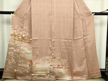 平和屋着物▽訪問着　単衣　刺繍　流水草花文　暈し染め　金彩　正絹　逸品　DABF8903sf