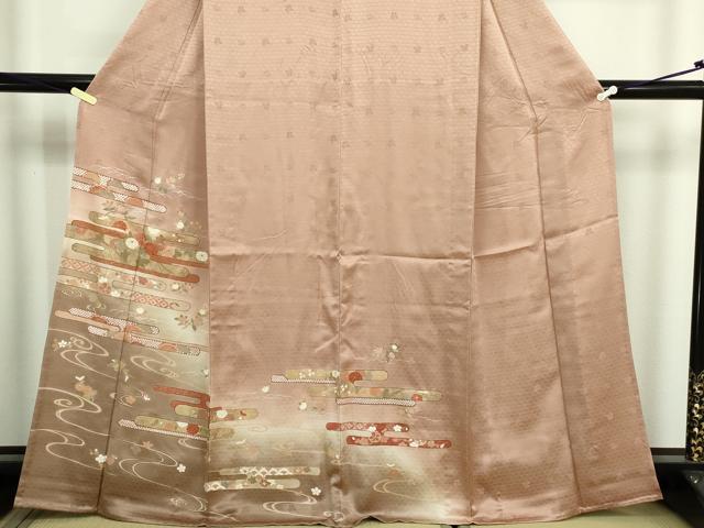 平和屋着物▽訪問着　単衣　刺繍　流水草花文　暈し染め　金彩　正絹　逸品　DABF8903sf