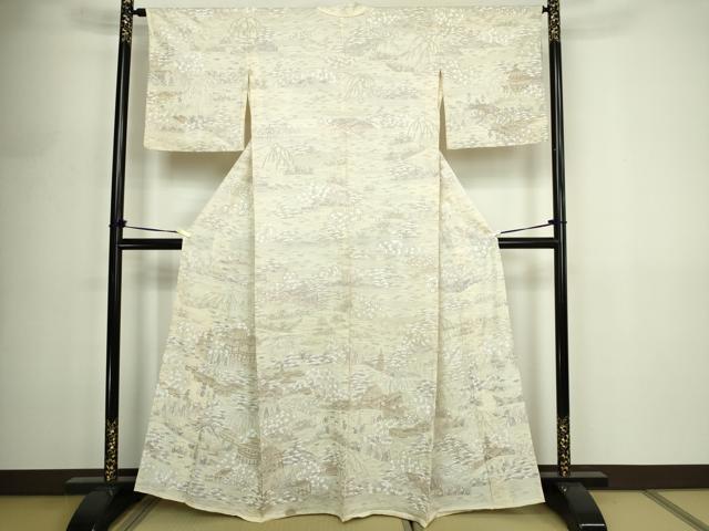 平和屋着物▽中国三大刺繍　汕頭刺繍　スワトウ刺繍　訪問着　単衣　風景文　正絹　逸品　DABF8887sf