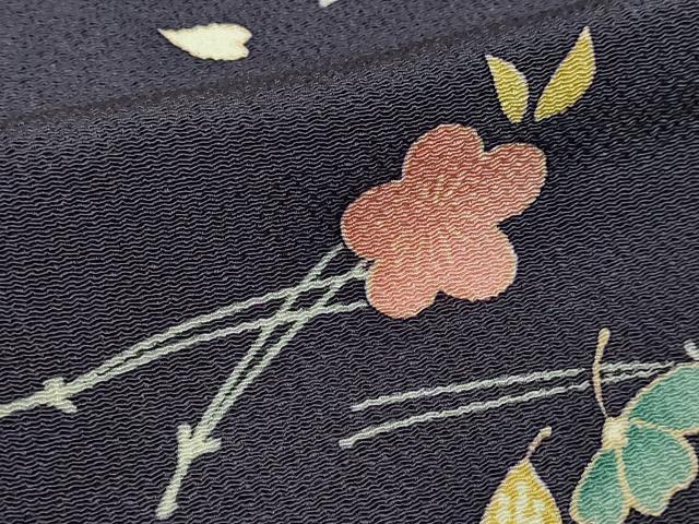 平和屋着物▽上質な小紋　単衣　舞花文　鬼しぼ縮緬　正絹　逸品　DABF8896sf