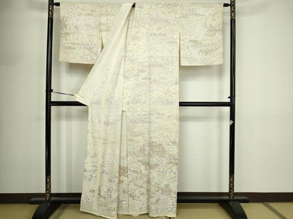 平和屋着物▽中国三大刺繍　汕頭刺繍　スワトウ刺繍　訪問着　単衣　風景文　正絹　逸品　DABF8887sf