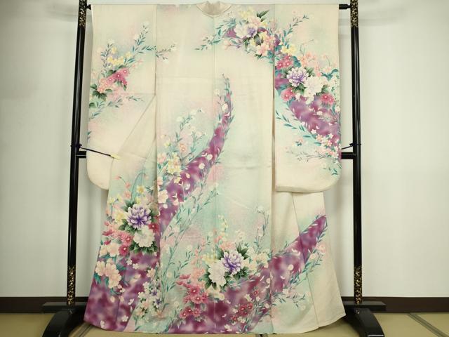 平和屋着物▽豪華振袖　単衣　草花文　暈し染め　銀彩　正絹　逸品　DABF8902sf