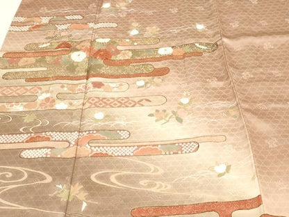 平和屋着物▽訪問着　単衣　刺繍　流水草花文　暈し染め　金彩　正絹　逸品　DABF8903sf
