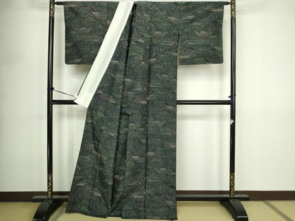 平和屋着物▽上質な紬　単衣　風景文　黒地　正絹　逸品　DABF8901sf
