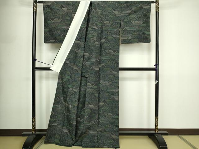 平和屋着物▽上質な紬　単衣　風景文　黒地　正絹　逸品　DABF8901sf