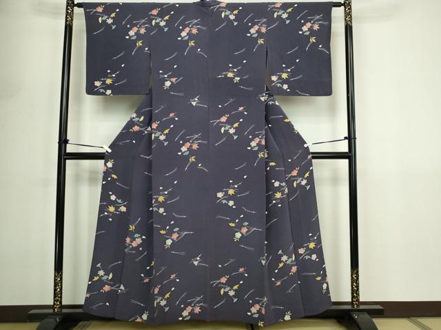 平和屋着物▽上質な小紋　単衣　舞花文　鬼しぼ縮緬　正絹　逸品　DABF8896sf