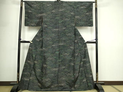 平和屋着物▽上質な紬　単衣　風景文　黒地　正絹　逸品　DABF8901sf