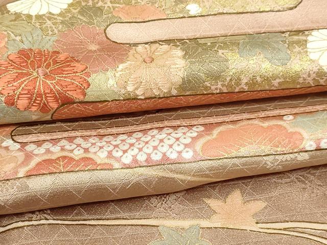 平和屋着物▽訪問着　単衣　刺繍　流水草花文　暈し染め　金彩　正絹　逸品　DABF8903sf