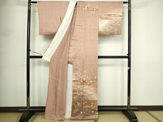 平和屋着物▽訪問着　単衣　刺繍　流水草花文　暈し染め　金彩　正絹　逸品　DABF8903sf