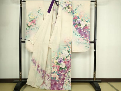 平和屋着物▽豪華振袖　単衣　草花文　暈し染め　銀彩　正絹　逸品　DABF8902sf