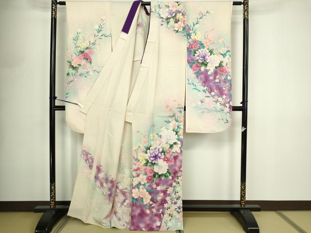 平和屋着物▽豪華振袖　単衣　草花文　暈し染め　銀彩　正絹　逸品　DABF8902sf