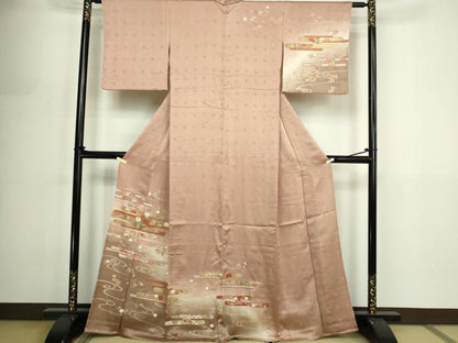 平和屋着物▽訪問着　単衣　刺繍　流水草花文　暈し染め　金彩　正絹　逸品　DABF8903sf