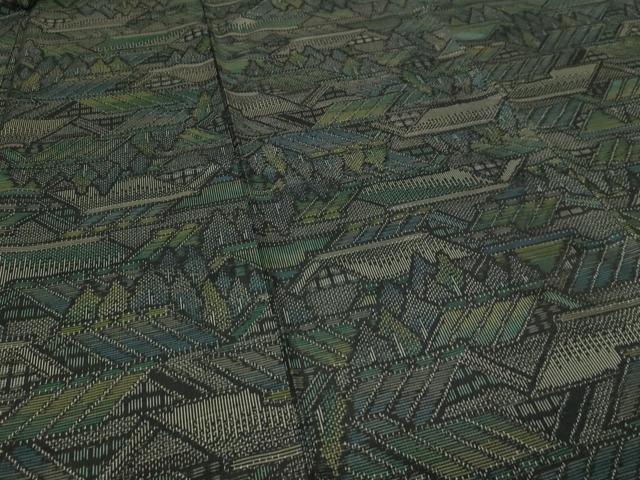 平和屋着物▽上質な紬　単衣　風景文　黒地　正絹　逸品　DABF8901sf