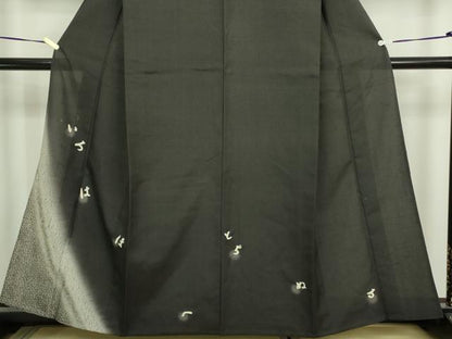 平和屋着物▽訪問着　単衣　紬地　いろはうた　暈し染め　黒地　正絹　逸品　DABF8899sf