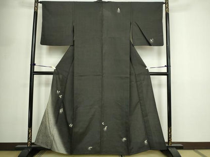 平和屋着物▽訪問着　単衣　紬地　いろはうた　暈し染め　黒地　正絹　逸品　DABF8899sf