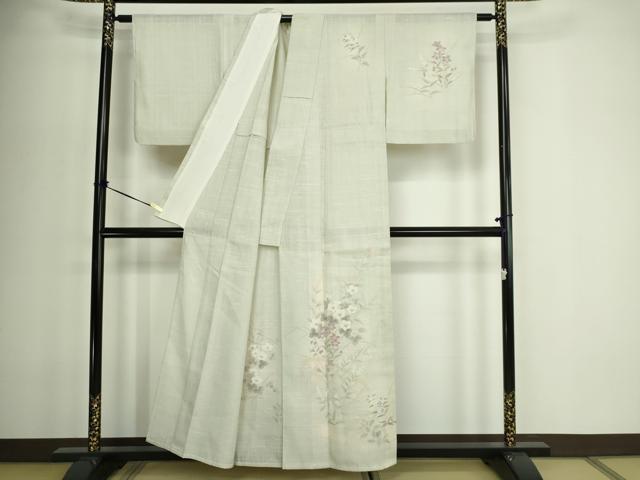 平和屋着物▽訪問着　単衣　生紬　草花文　正絹　逸品　DABF8927sf