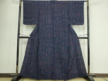 平和屋着物▽上質な紬　単衣　菱文　正絹　逸品　DABF8917sf
