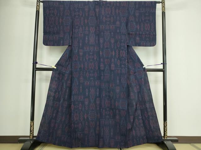 平和屋着物▽上質な紬　単衣　菱文　正絹　逸品　DABF8917sf