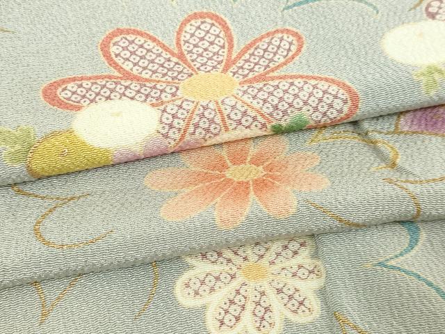 平和屋着物▽上質な小紋　単衣　草花文　金彩　鬼しぼ縮緬　正絹　逸品　DABF8914sf