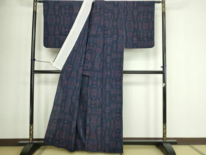 平和屋着物▽上質な紬　単衣　菱文　正絹　逸品　DABF8917sf