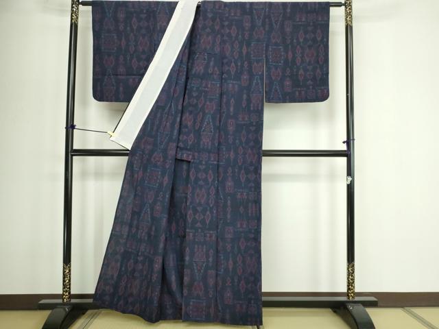 平和屋着物▽上質な紬　単衣　菱文　正絹　逸品　DABF8917sf