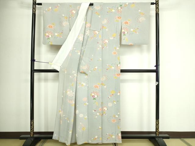 平和屋着物▽上質な小紋　単衣　草花文　金彩　鬼しぼ縮緬　正絹　逸品　DABF8914sf