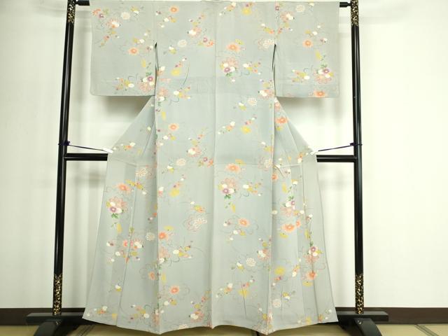 平和屋着物▽上質な小紋　単衣　草花文　金彩　鬼しぼ縮緬　正絹　逸品　DABF8914sf