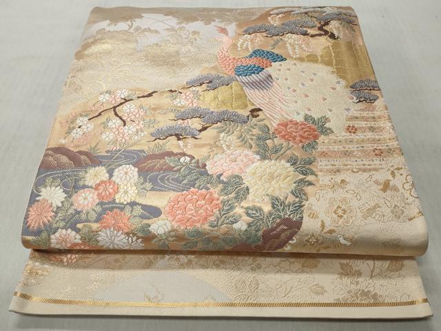 平和屋着物◎六通柄袋帯　唐織　孔雀流水草花文　金糸　正絹　逸品　CABH8420qe