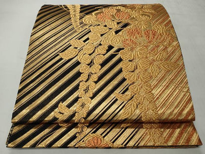 平和屋着物◎六通柄袋帯　草花文　黒地　金糸　正絹　逸品　CABH8437qe
