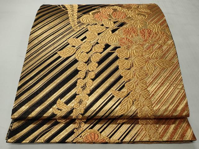 平和屋着物◎六通柄袋帯　草花文　黒地　金糸　正絹　逸品　CABH8437qe